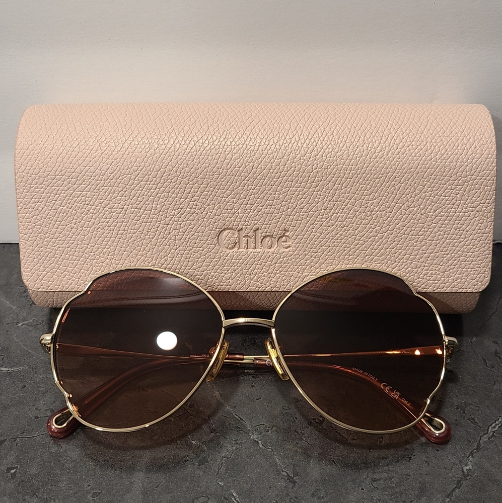 Chloé Gold Butterly Frame Sunglasses with Gradient Brown Lenses - Picture 2 of 5